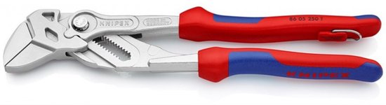 Knipex waterpomptang 86 05 250 T met rode en blauwe handvatten.