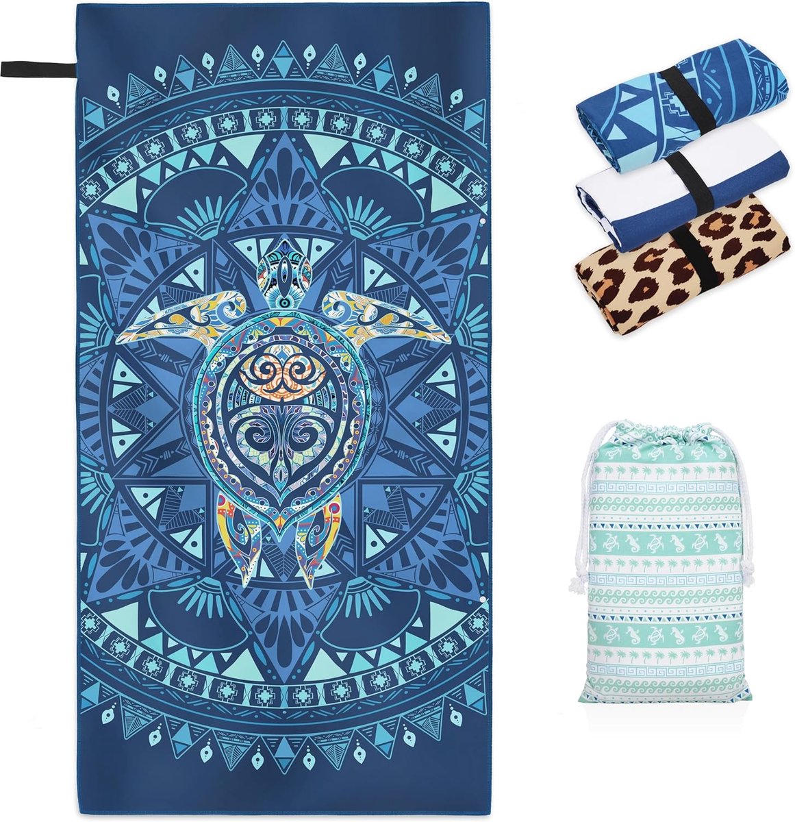 SnelShoppen - Microfibre Strandlaken XXL 200 x 100 cm, Sneldrogend Badlaken, Zacht en Huidvriendelijk, Familie Strandlaken met Schildpad Motief, Ideaa