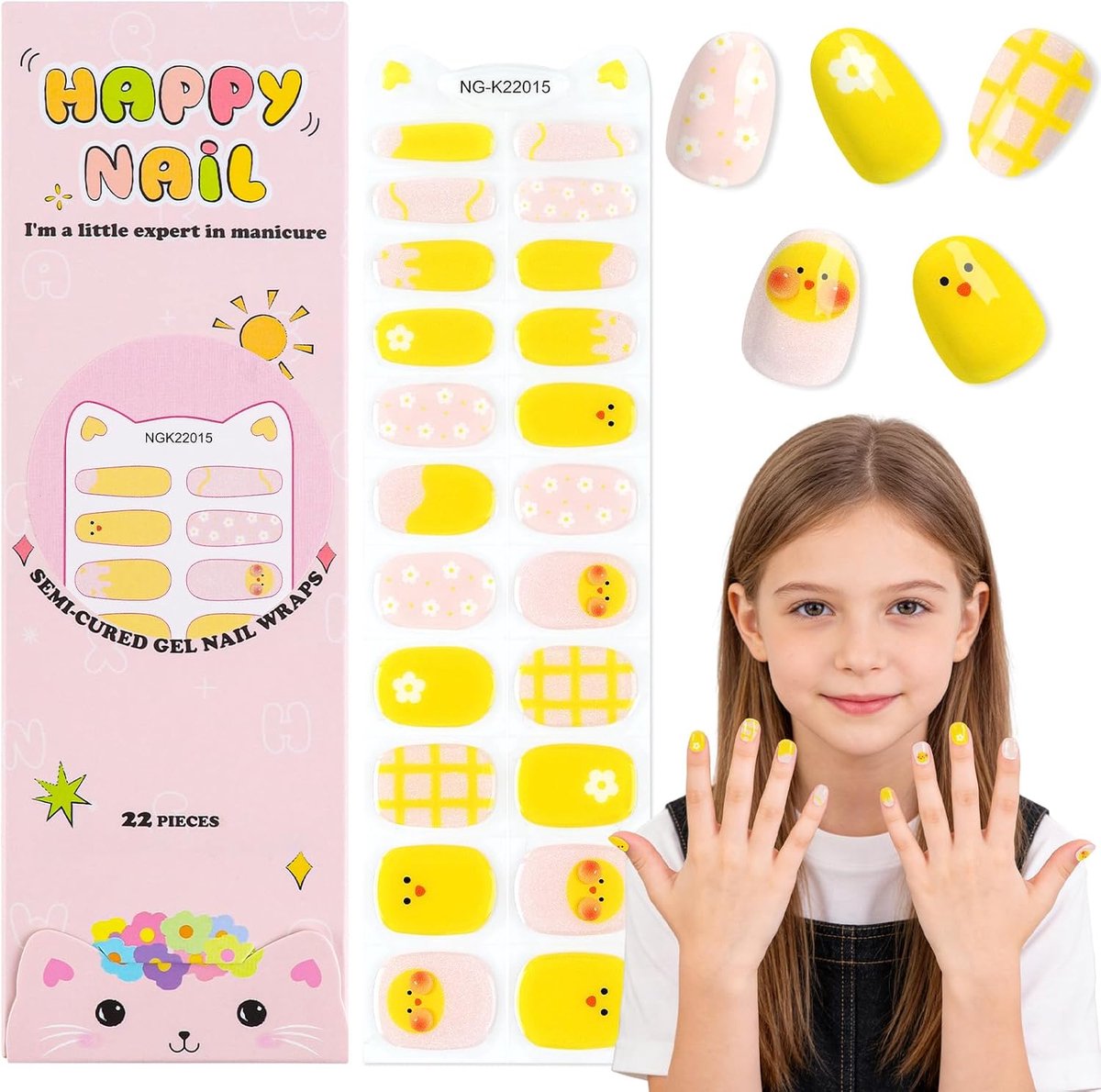 SnelShoppen - EBANKU Semi uitgeharde gelnagelstrips voor kinderen - Schattige gelnagelstickers met gele kuikentjesmotief - Kindvriendelijk, langdurig