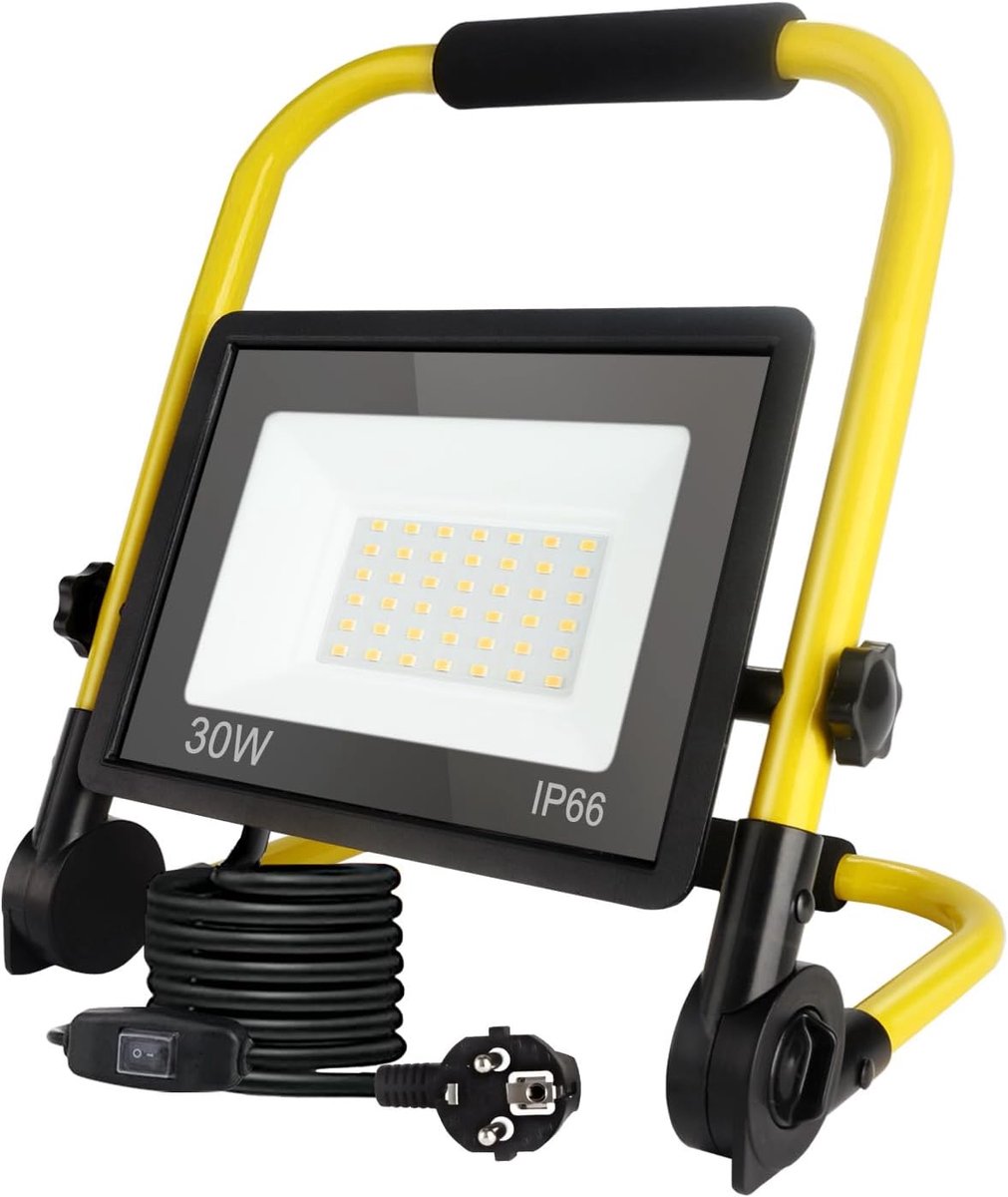 SnelShoppen - 30W LED Bouwlamp, Superhelder Werklicht, 10.800 Lumen, IP66 Waterdicht, 6000K Kleurtemperatuur, 3.5 m Kabel met Schakelaar, Ideaal voor
