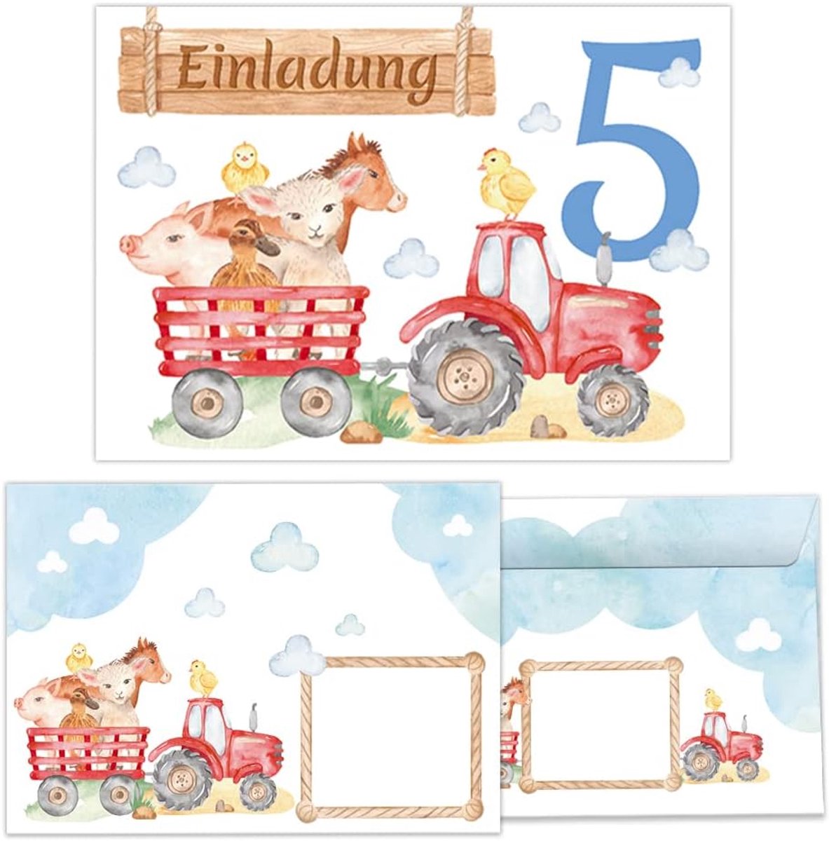 SnelShoppen - 12 Uitnodigingskaarten Inclusief 12 Enveloppen voor 5e Verjaardag Kinderfeestjes - Boerderij Thema - Geschikt voor Jongens en Meisjes -