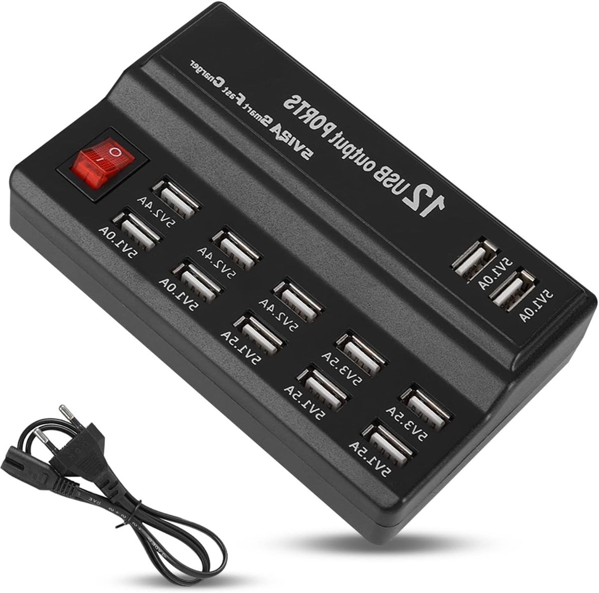 Oplaadstation met 12 poorten - USB hub voor mobiele telefoons, tablets en andere USB-apparaten, 5V, 10A, AC-adapter (EU)