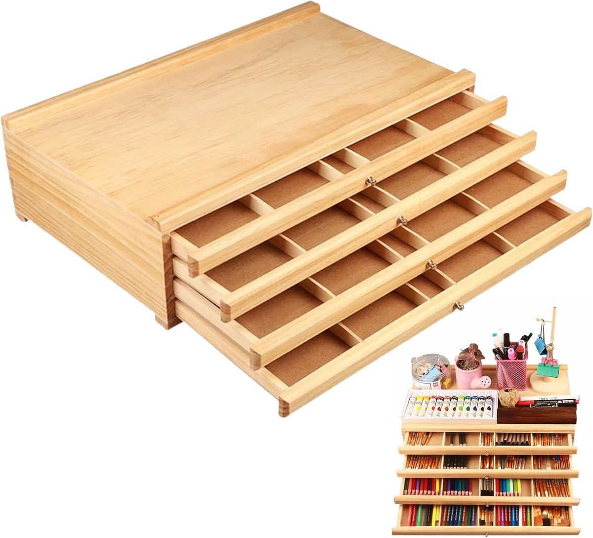 SnelShoppen - Houten Verfkwasten Opbergdoos met 4 Verwijderbare Lades, Premium Dennen Hout Kunstbenodigdheden Organizer voor Potloden, Stiften, Marker