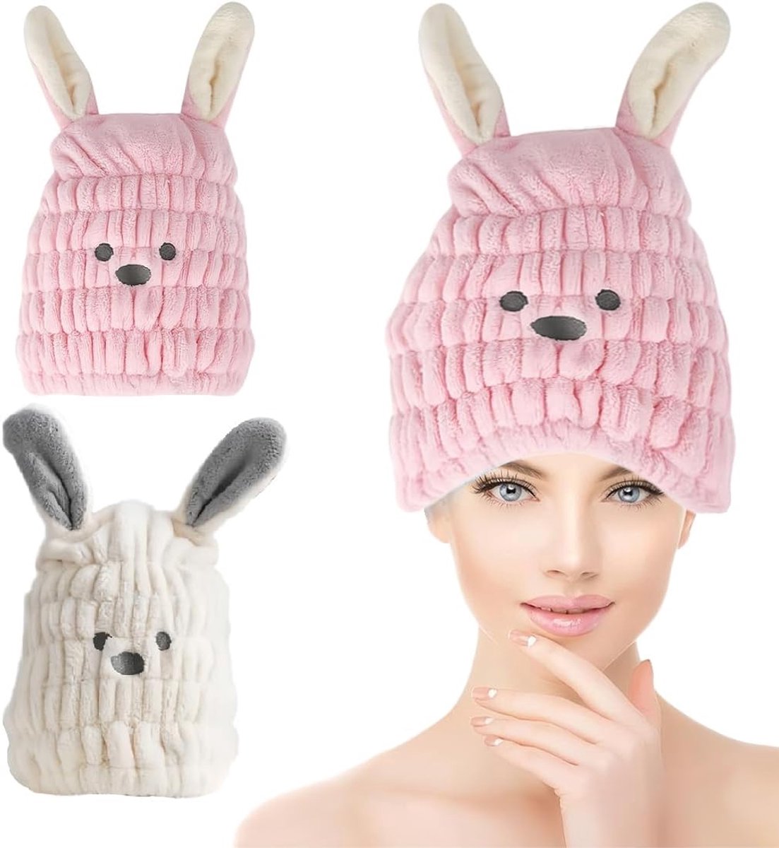 SnelShoppen - Anti-frizz Microfibre Haarturban 2 Stuks Schattige Dierenvorm Haarhanddoek Sneldrogend Voor Kinderen en Vrouwen met Kort Haar - Beige en