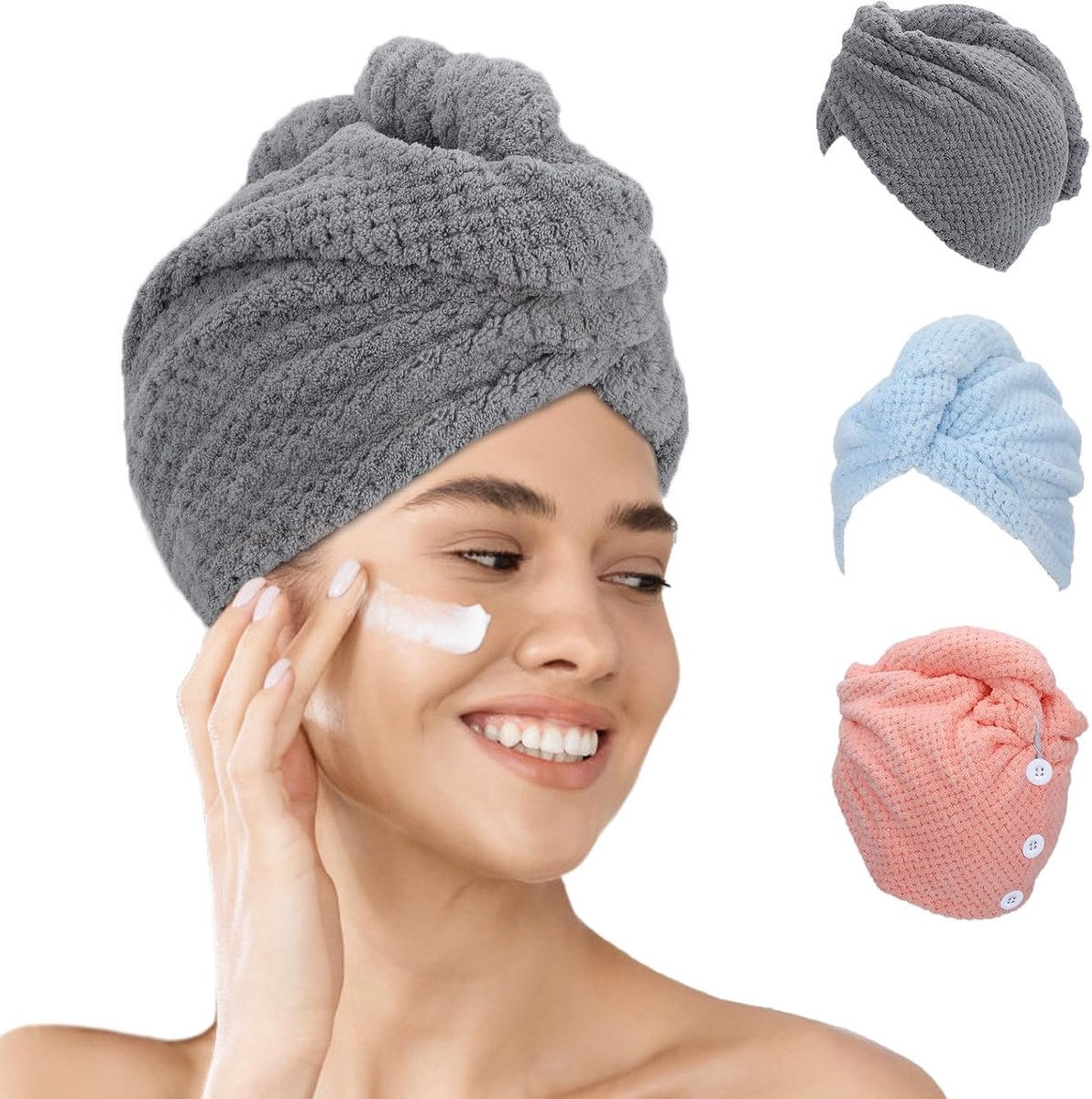 SnelShoppen - 3 Pack Microfiber Haar Towel Wraps, Super Absorberend en Zacht, Anti-frizz Turbans met 3 Verstelbare Knopen voor Dames, Heren en Kindere