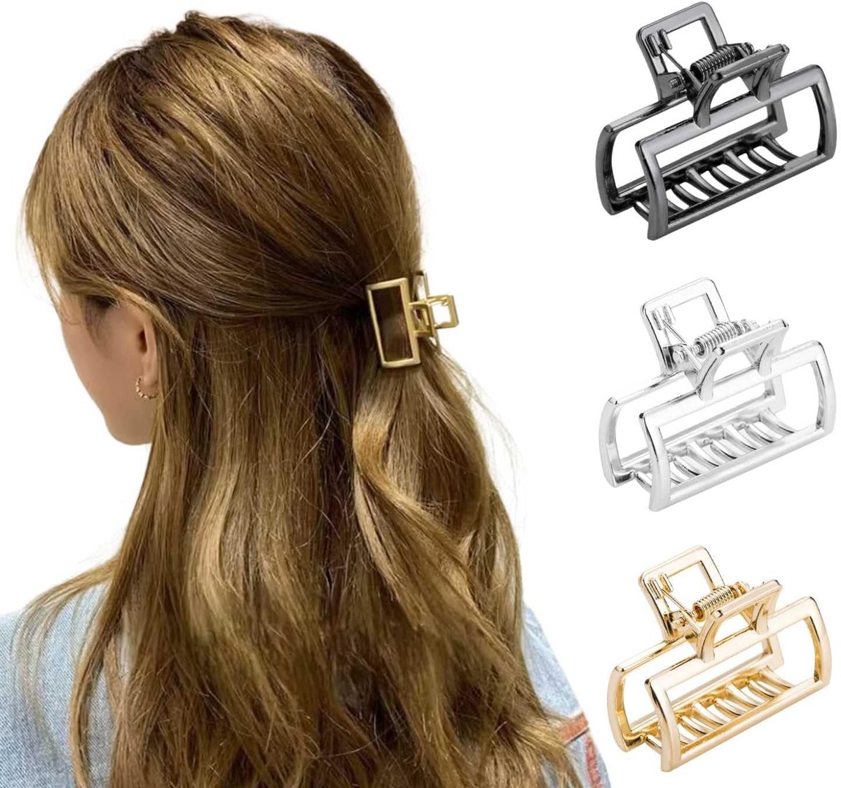SnelShoppen - Haarspeldjes Kleine Metalen Niet-Slip Rechthoekige Sterke Haarclips voor Vrouwen en Meisjes 3 Stuks (Goud, Zilver, Zwart)