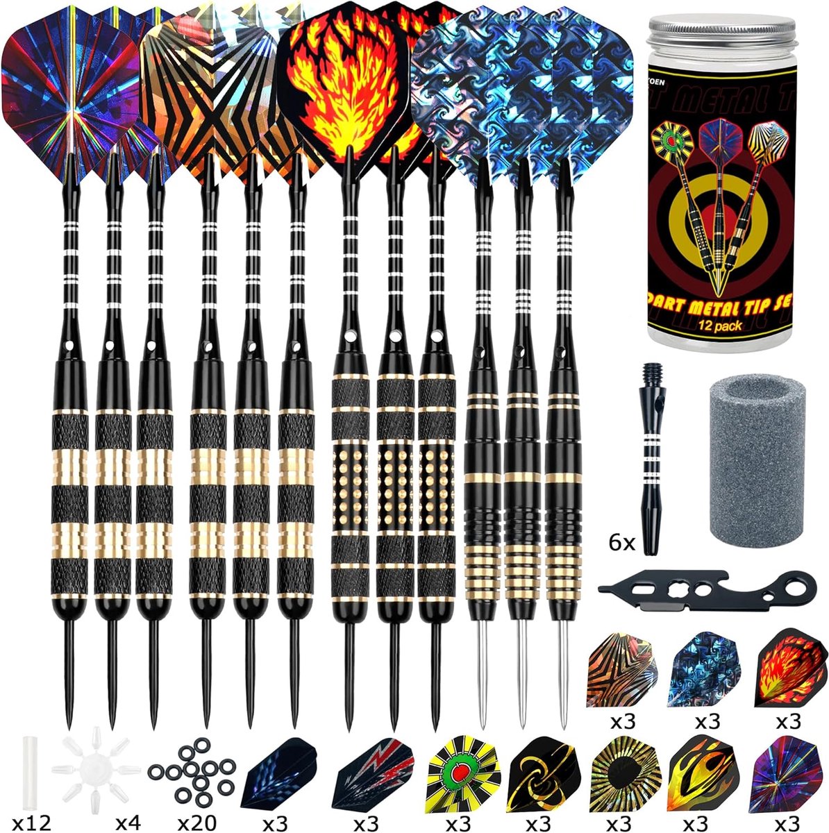 SnelShoppen - 12 Stuks Dart Flights met Stalen Punt, Professionele Dartset 20/24/26 g, Aluminium Schacht, Bescherming, Multifunctionele Dart Tools