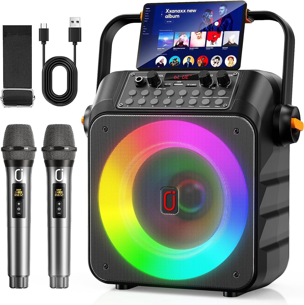 SnelShoppen - Karaoke Set met 2 Microfoons, Professionele Bluetooth Speaker met LED Lichten, Draagbaar Karaoke Systeem met Opnamemogelijkheid, Ideaal