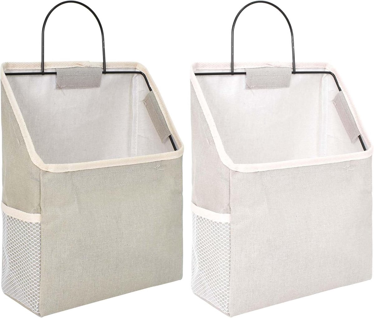 Thijox - 2 stuks wandopbergtas van katoenen linnen met metalen frame, flexibele wandtas voor thuis, kantoor, kinderkamer - grijs + wit, grijs + zwart,
