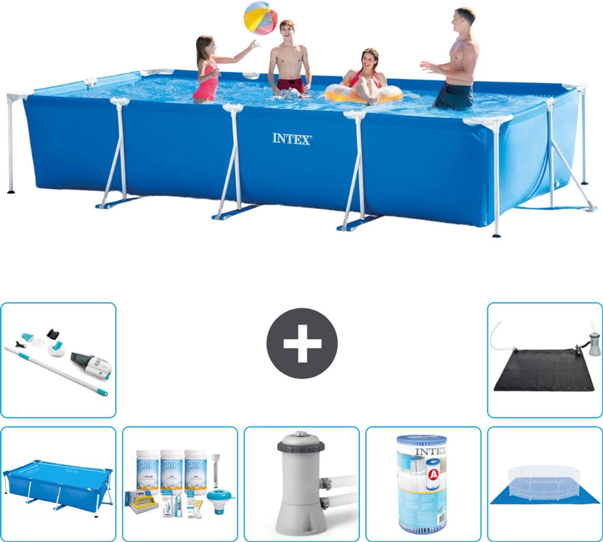 Intex Rechthoekig Frame Zwembad - 450 x 220 x 84 cm - Blauw - Inclusief Solarzeil - Onderhoudspakket - Zwembadfilterpomp - Filter - Grondzeil - Stofzuiger - Solar Mat - 8-delig