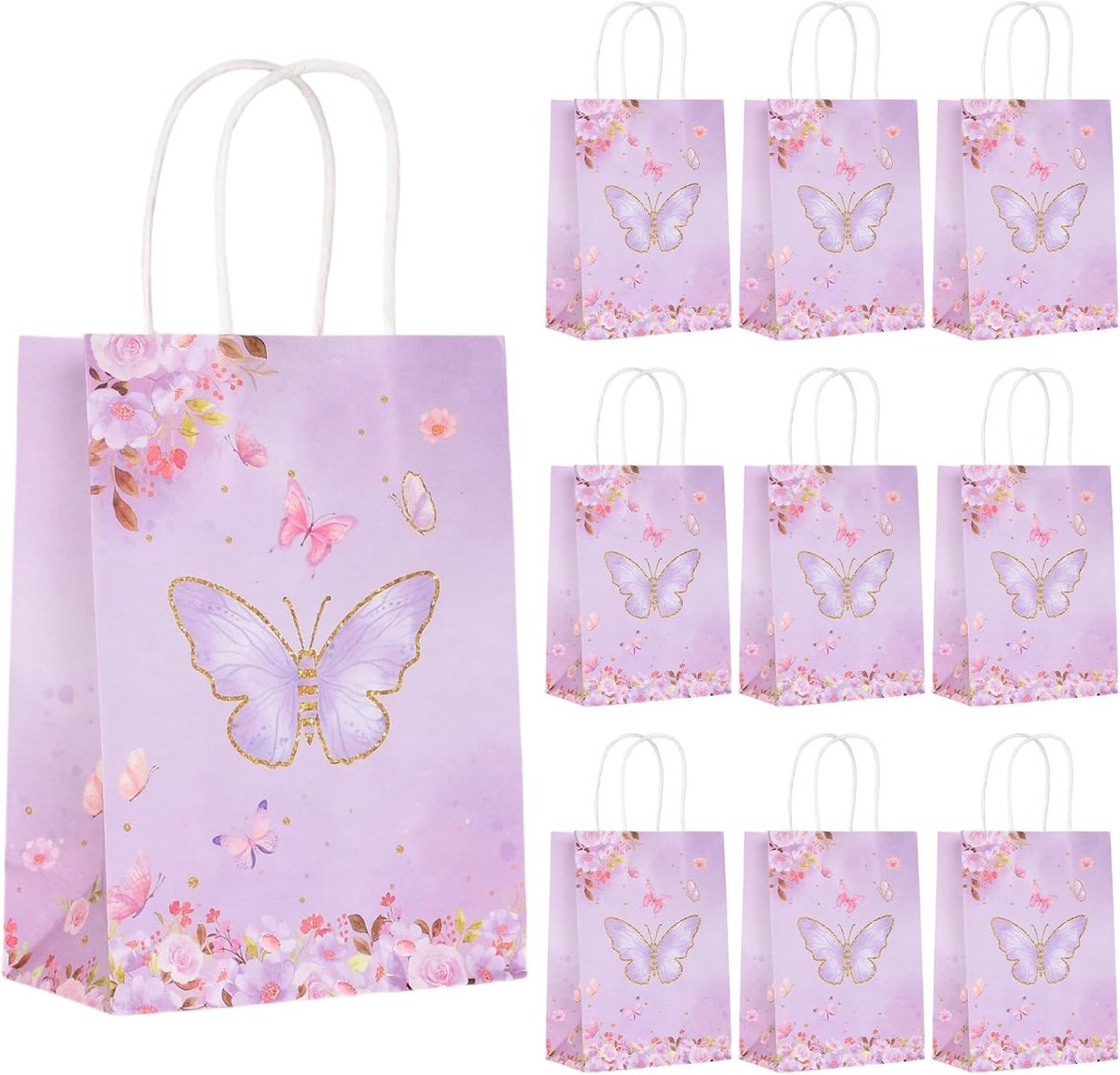 SnelShoppen - 10 Stuks Vlinder Cadeautassen (15 x 8 x 21cm) - Creatieve Kleurrijke Papieren Tassen met Handvatten voor Verjaardagen, Kerst, Babyshower