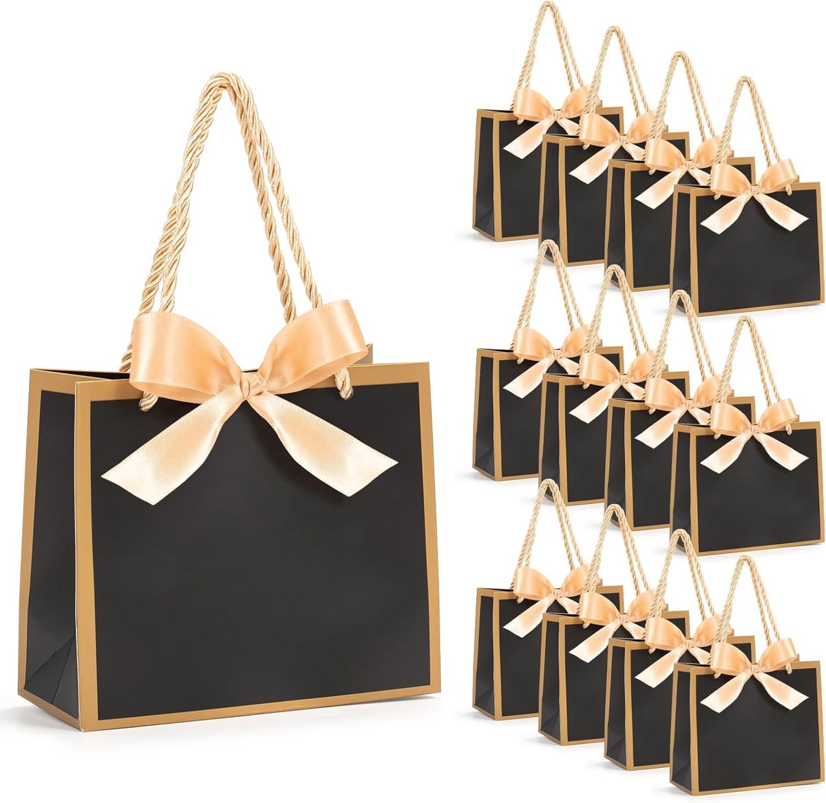 SnelShoppen - 12 Stuks Mini Cadeautasjes met Strik, 14x6x12cm Witte Party Tassen met Handvatten voor Verjaardagen, Bruiloften, Babyshowers, Feestjes (