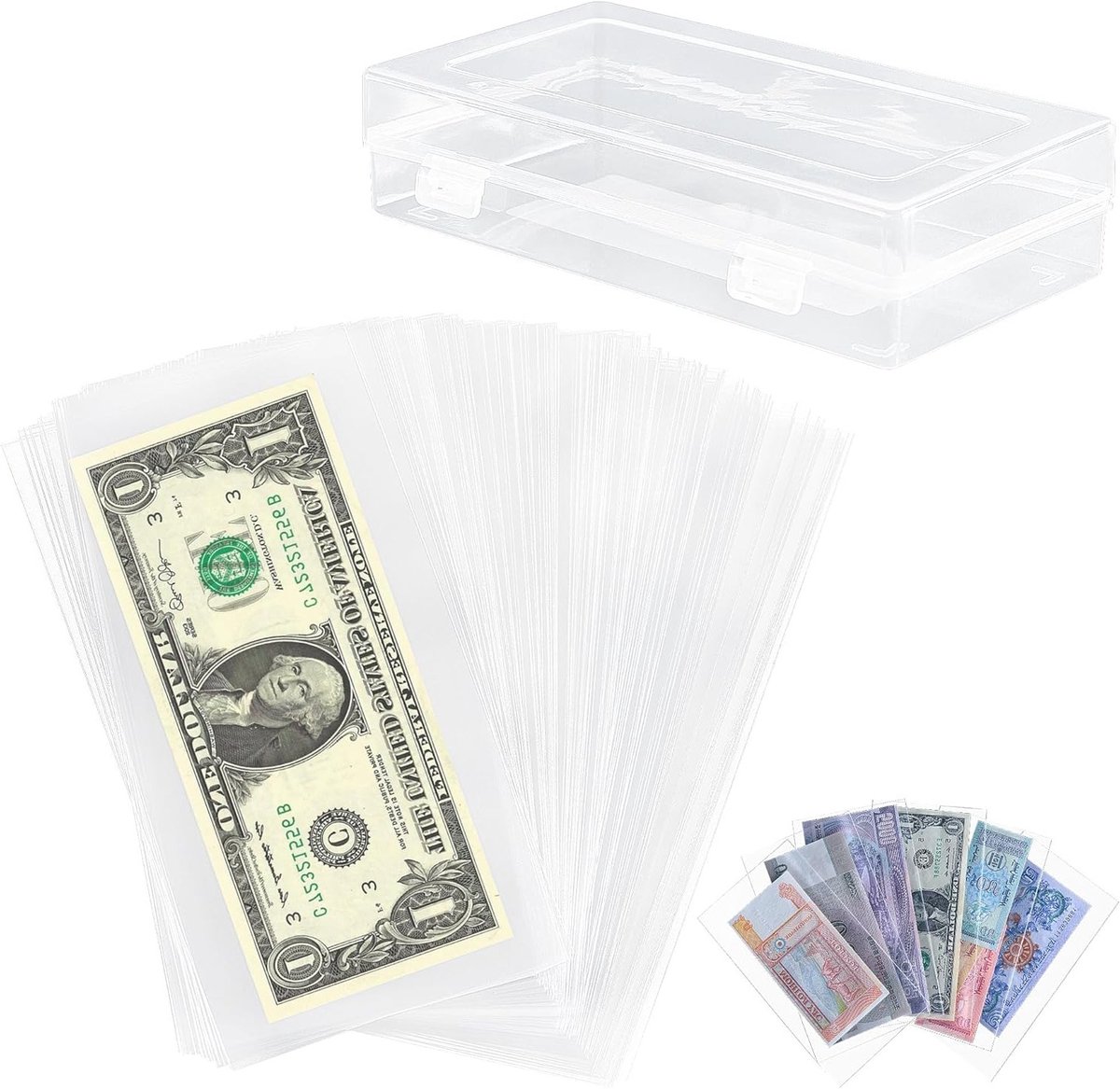 200 stuks heldere papiergeldhoezen met opbergdoos, ideaal voor het verzamelen van bankbiljetten, munten en valutaopslag