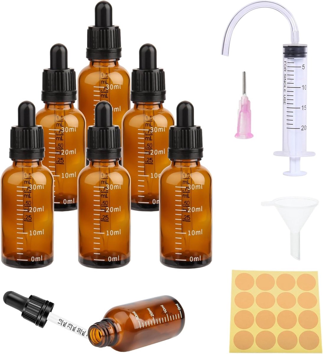 SnelShoppen - Pack van 6 Glazen Druppel Flesjes 30ml met Pipet, Bruine Druppel Fles, Essentiële Olie Flesjes, Aromatherapie, Inclusief Hulpmiddelen en