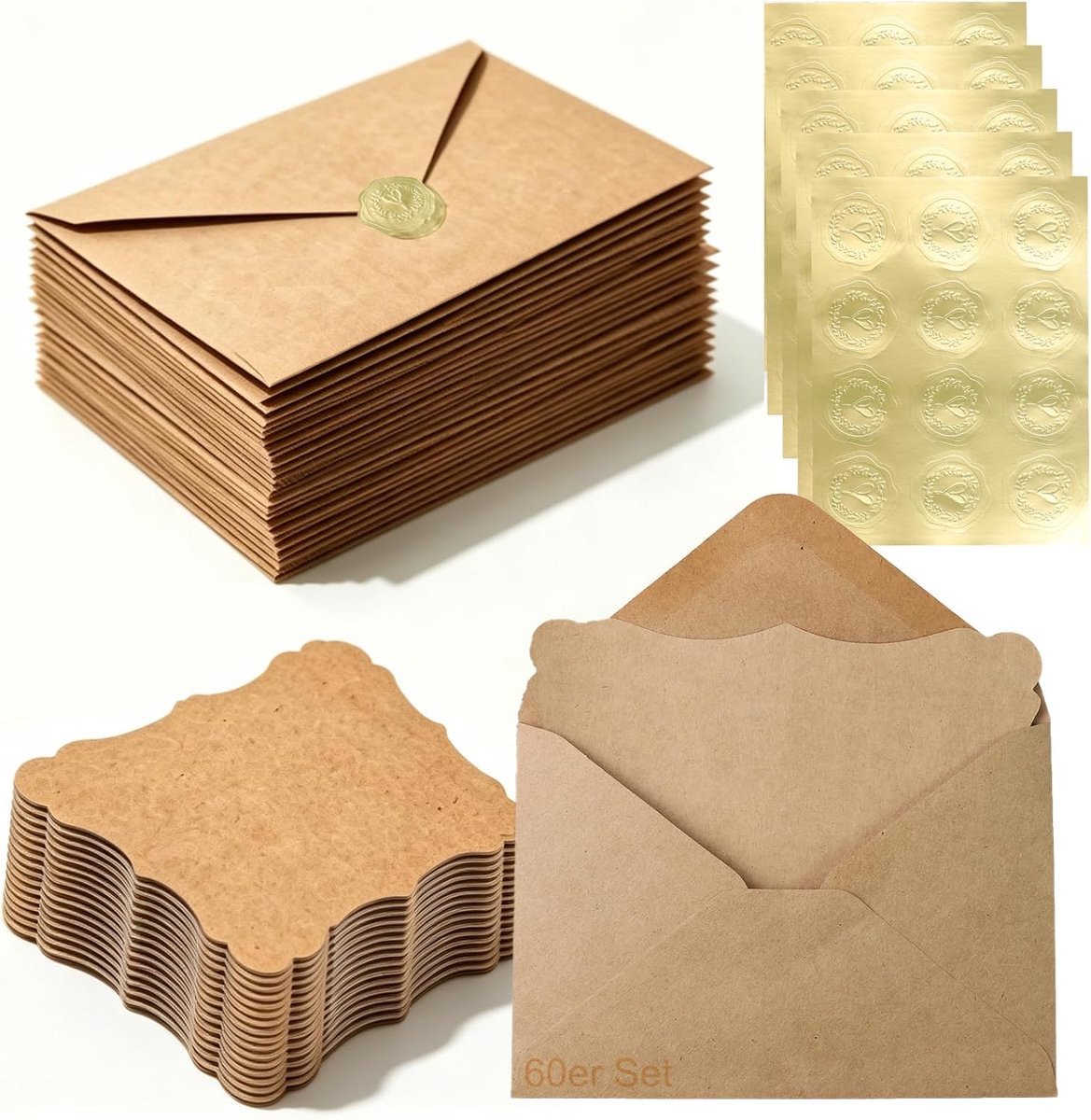 SnelShoppen - 60 Enveloppen Kraftpapier Set met Blanco Kaarten en Zelfklevende Waszegelstickers voor Bruiloft, Uitnodigingen, Wenskaarten en Knutselen