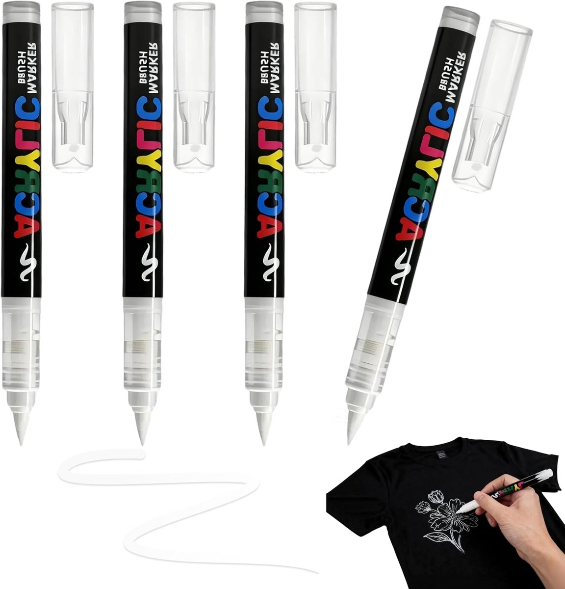 SnelShoppen - Pack van 4 Witte Textielmarkers, Machinewasbare Permanente Waxmarkers, 1-6 mm Soft Tip, Ideaal voor DIY, Kleding en Creatieve Projecten