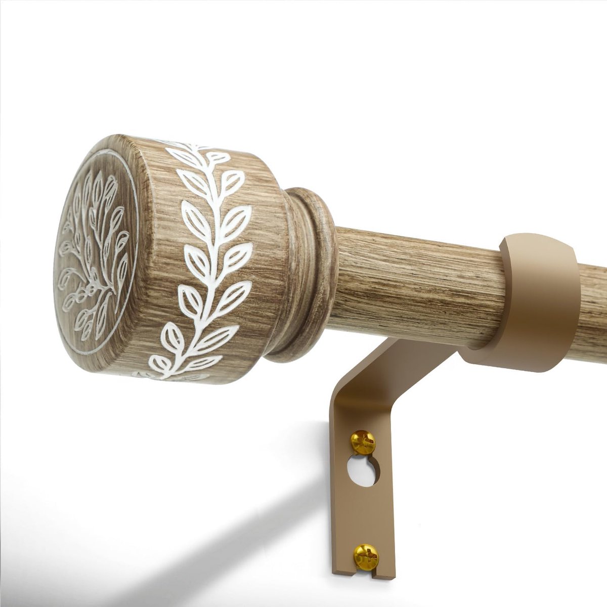 SnelShoppen - Verstelbare Houten Gordijnroede met Bladdesign, 80 - 292 cm, Decoratieve Hoed, Telescopisch, Plafondmontage, 25 mm Diameter, Tot 15 kg,