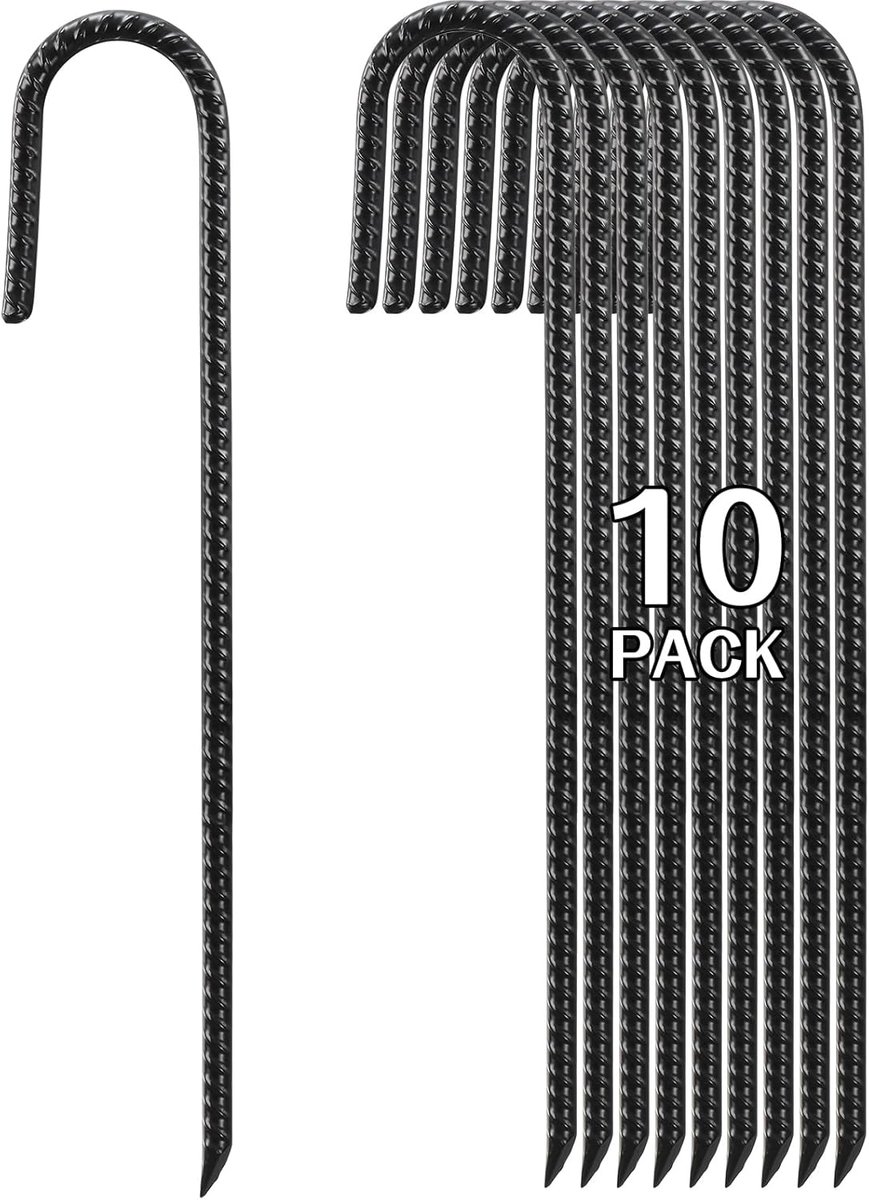 SnelShoppen - 10 Stuks Heavy Duty Rebar Bars 40cm J-vormige Tent Pegs, Grondankers voor Tuin, Landscaping, Planten, Zwart
