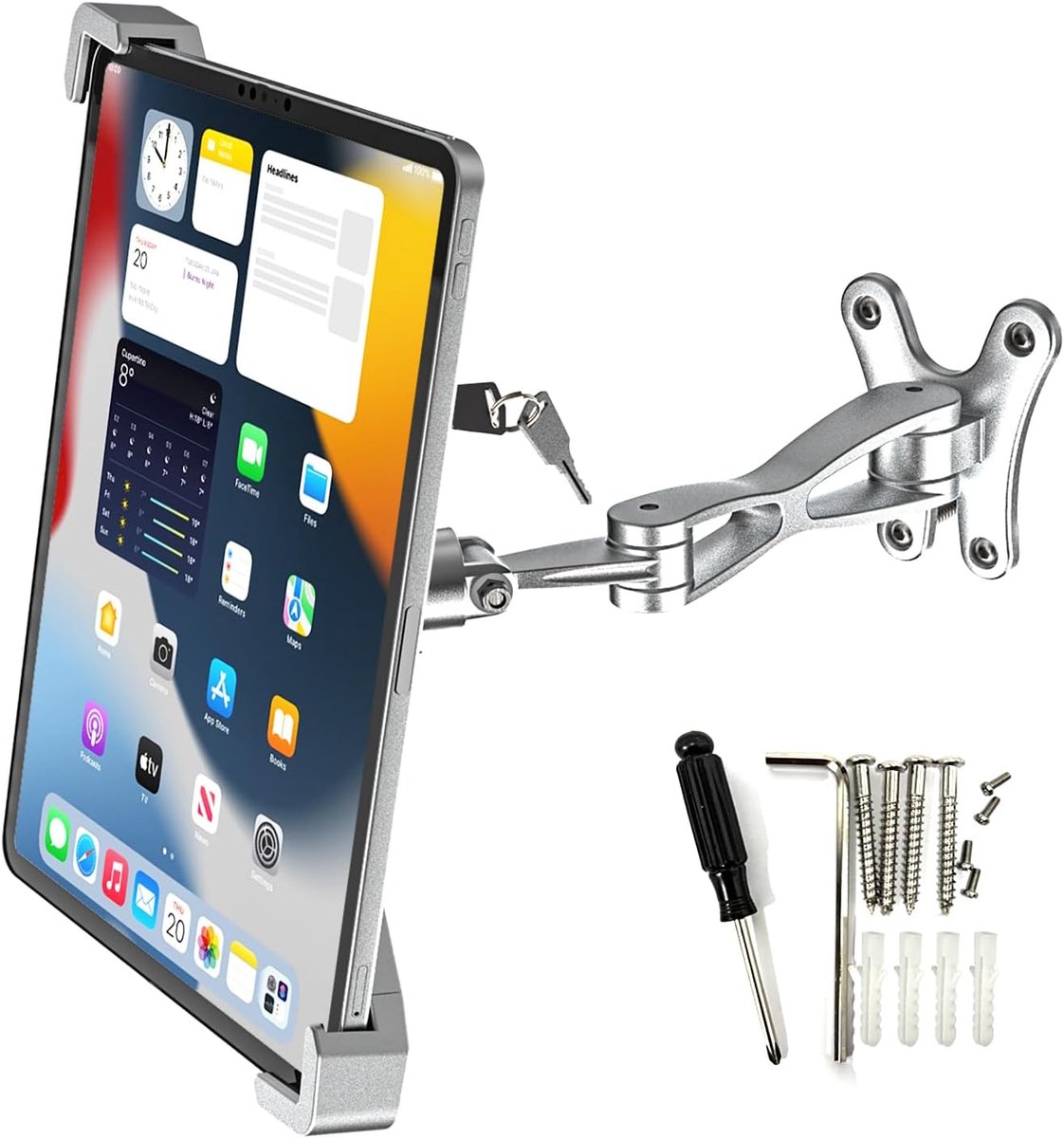 SnelShoppen - Tablet Wandbeugel Anti-Diefstal Aluminium Arm Kiosk voor iPad Pro Air Galaxy Tab Surface Pro 9-14 Inch met Slot en Sleutel