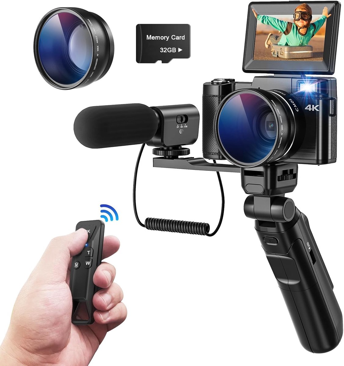 SnelShoppen - Digitale Camera 4K - 48MP Fotocamera met 180° Flip, 3.0 Inch Scherm, 16x Digitale Zoom, Compact met Statief, Microfoon, Groothoek- en Ma