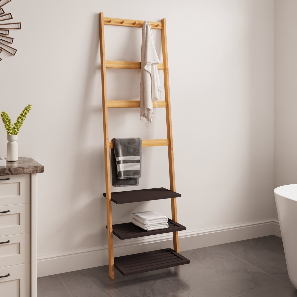 COVREO Kledingrek 52 x 28,5 x 183 cm bamboe handdoekladder met 3 planken, 4 stangen en 5 haken