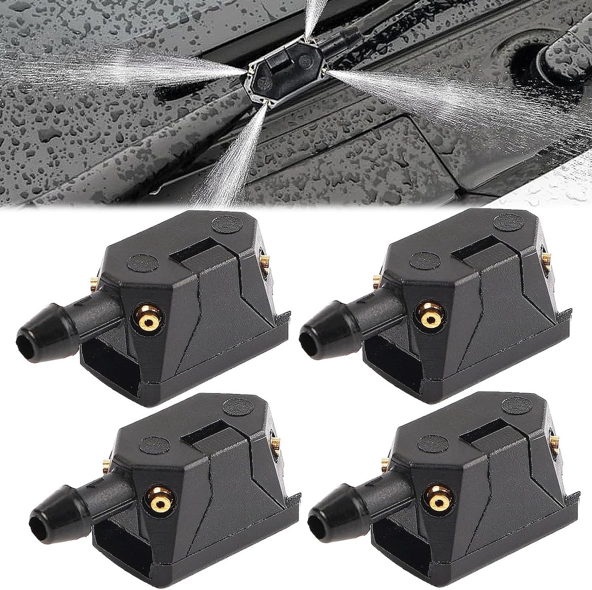 SnelShoppen - 4Pcs Universele Sprayers, Ruiterwissers Nozzles, Zwarte Spuiters voor Voorruiten, Wiper Blade Water Spray Jets, Voor 8mm en 9mm Wiper Ar