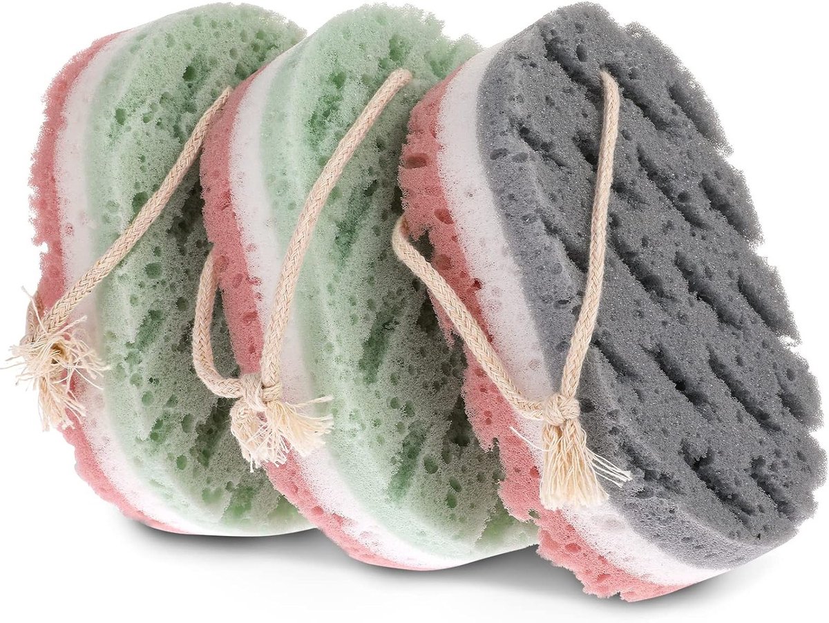 3-delige Bad Spons Set voor Vrouwen, Loofah Lichaamspeeling, Diepe Exfoliatie en Grote Badaccessoires voor een Verfrissende Doucheervaring