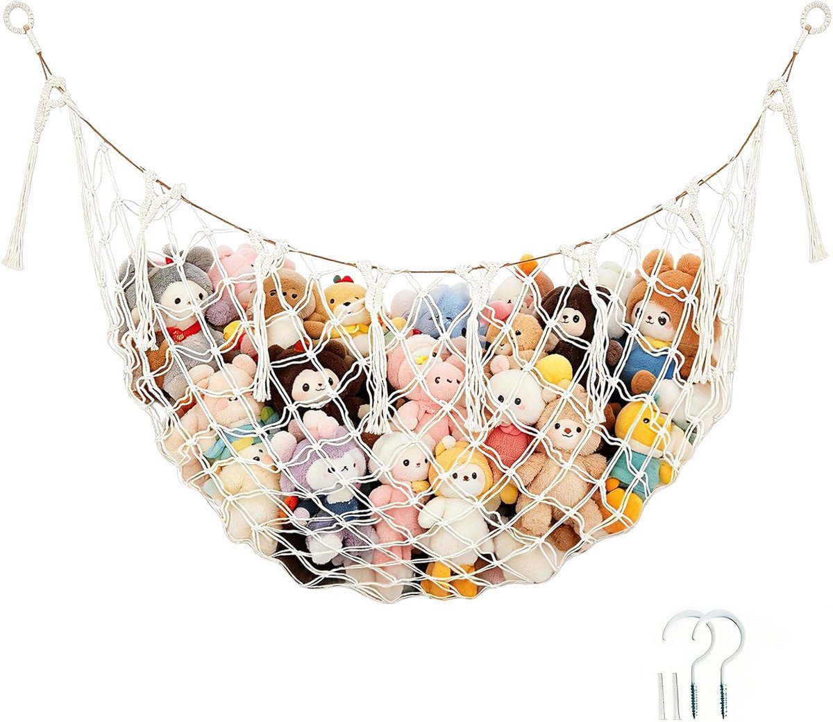 SnelShoppen - Cuddly Storage Bag 150cm - Cuddle Hanger met Haak - Cuddle Net voor Knuffels - Kinderkamer - Wit - Duurzaam Handgeweven Katoen