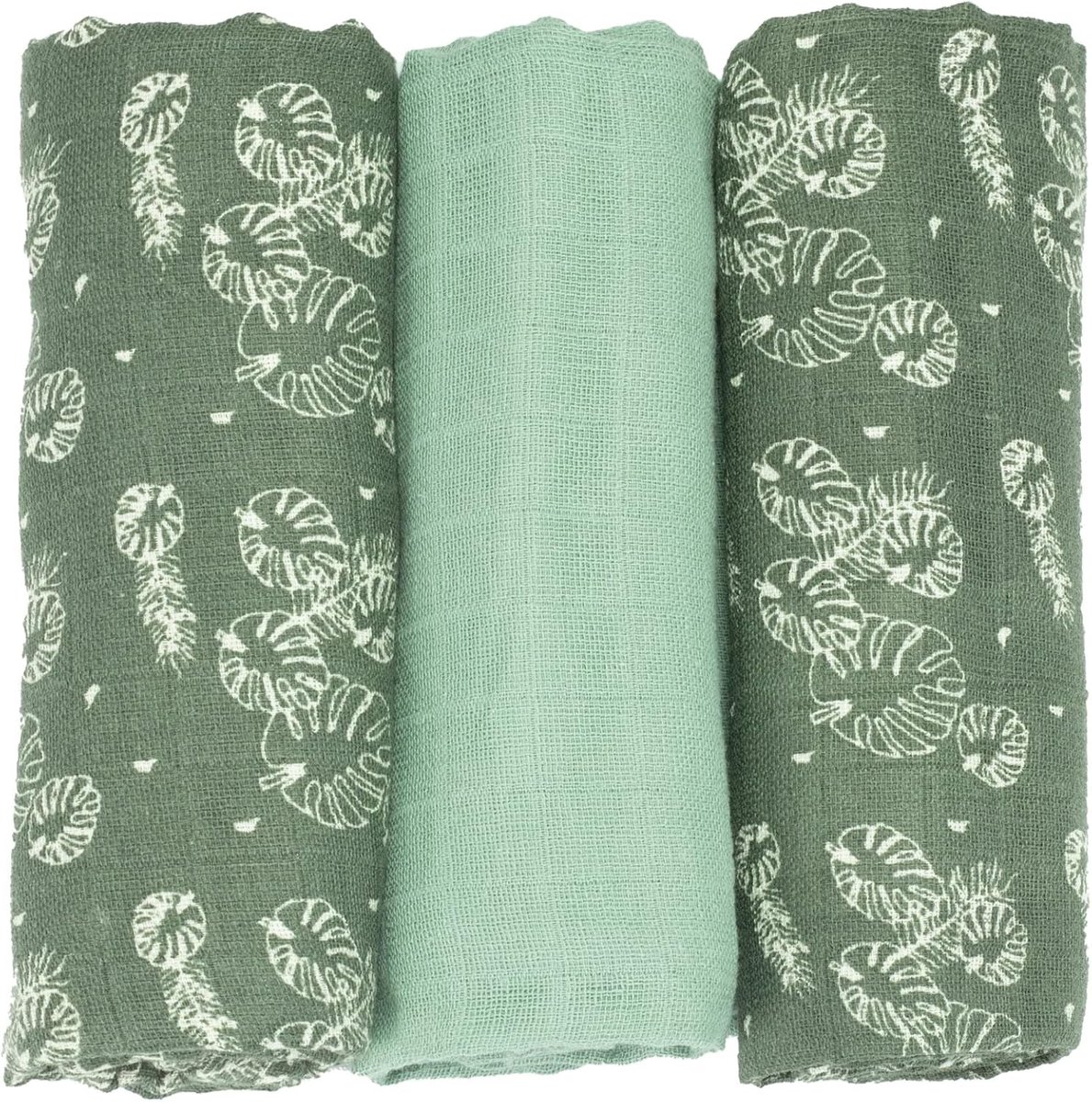 SnelShoppen - Set van 3 Babydoeken 70x70 cm - Oeko-Tex Gecertificeerd - Groene Bladeren - 100% Katoen Muslin - Multifunctioneel, Zacht en Ademend