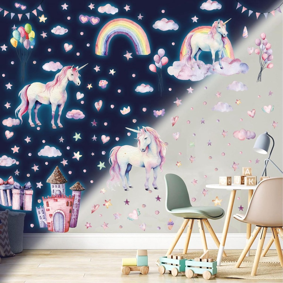 SnelShoppen - Luminous Unicorn Wandstickers voor Kinderen - 3 Vellen van 20x30 cm - Milieuvriendelijke PVC Muurdecoratie - Schattige Eenhoorn, Sterren