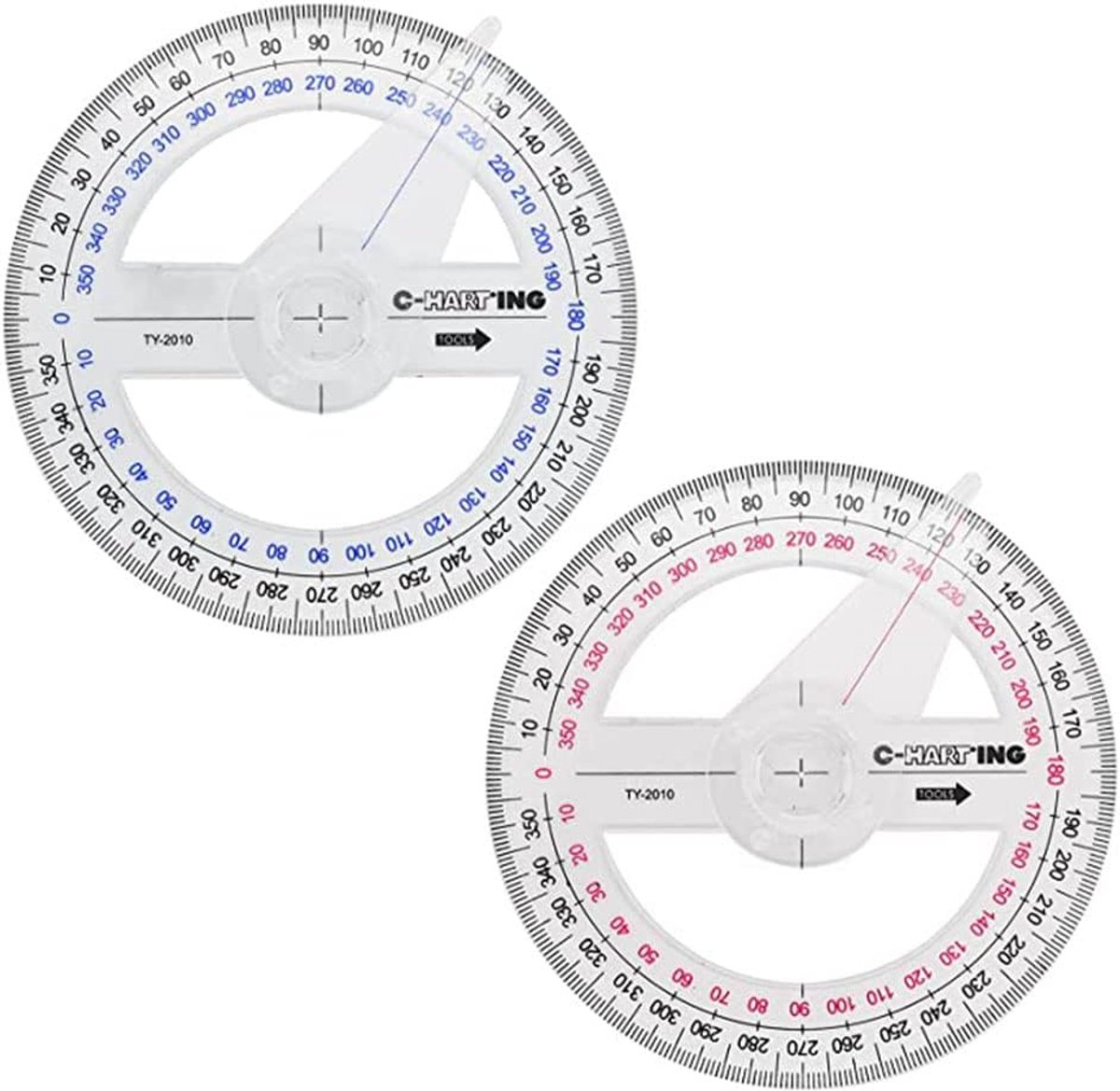 SnelShoppen - 2 Stuks Draagbare Plastic 360 Graden Hoekmeter Ruler met Draaiarm - Perfect voor Studenten, Kantoor en Creatieve Projecten - 10cm