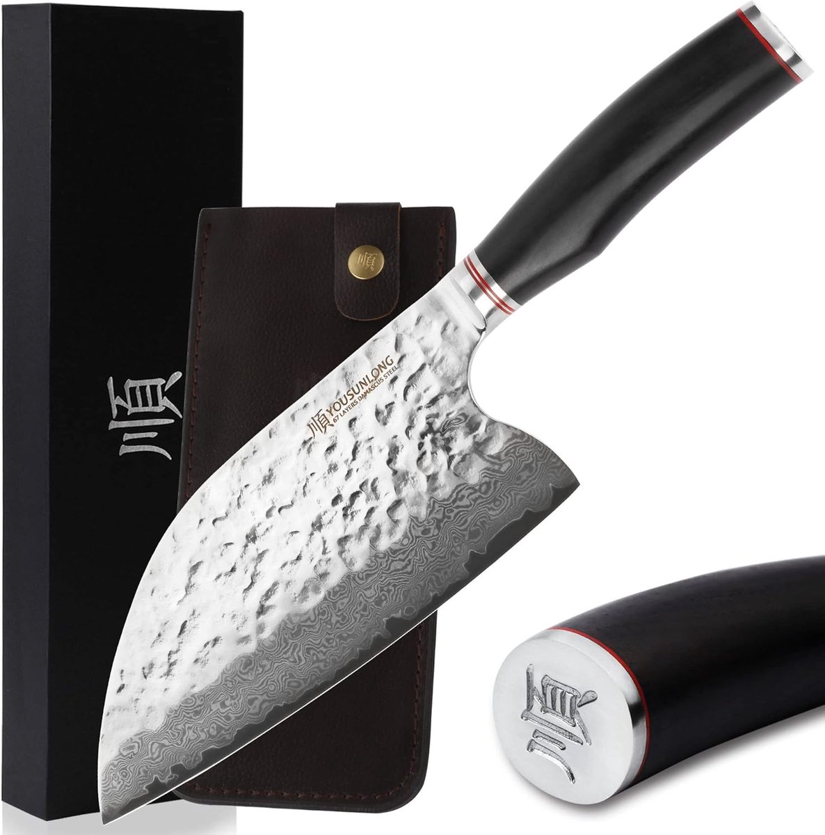 SnelShoppen - YOUSUNLONG Outdoor Butcher Knife 20.5 cm - Damask Steel Meat Cleaver met Houten Handvat en Leren Sheath - Perfect voor Keuken, BBQ, en K