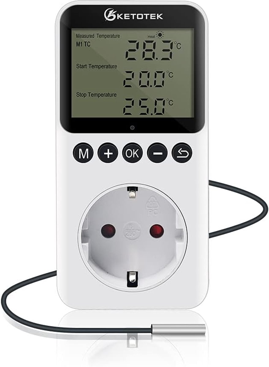 SnelShoppen - Digitale Thermostaat Stopcontact Timer met 3m Probeer, Temperatuurcontrole voor Terrarium, Broeikas, Fermentatie, Verwarming en Koeling,