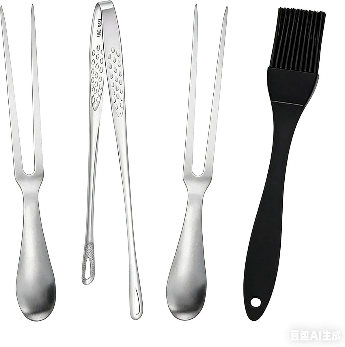SnelShoppen - RVS Keukenaccessoires Set - 27cm Vleesvork, 24cm Kooktangen en Siliconen Oliekwast - Compleet Set voor Snijden, Grillen en Dagelijkse Be
