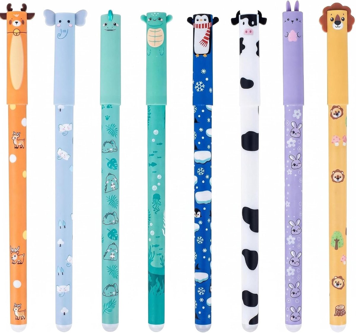 SnelShoppen - Set van 8 uitwisbare gelpennen, kleurrijke balpennen met cartoon dieren, 0,7 mm punt, ideaal voor school, kantoor en creatief gebruik