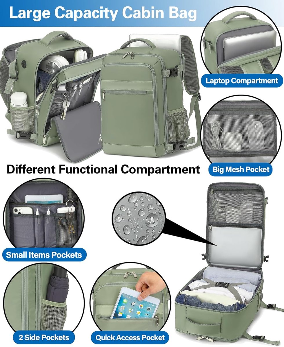 SnelShoppen - Cabin Bag 40x20x25 cm voor Ryanair - Onderzit Reisrugzak - Handbagage met Laptopvak - Ideaal voor 14 Inch Laptop - 20L - Groene Reistas