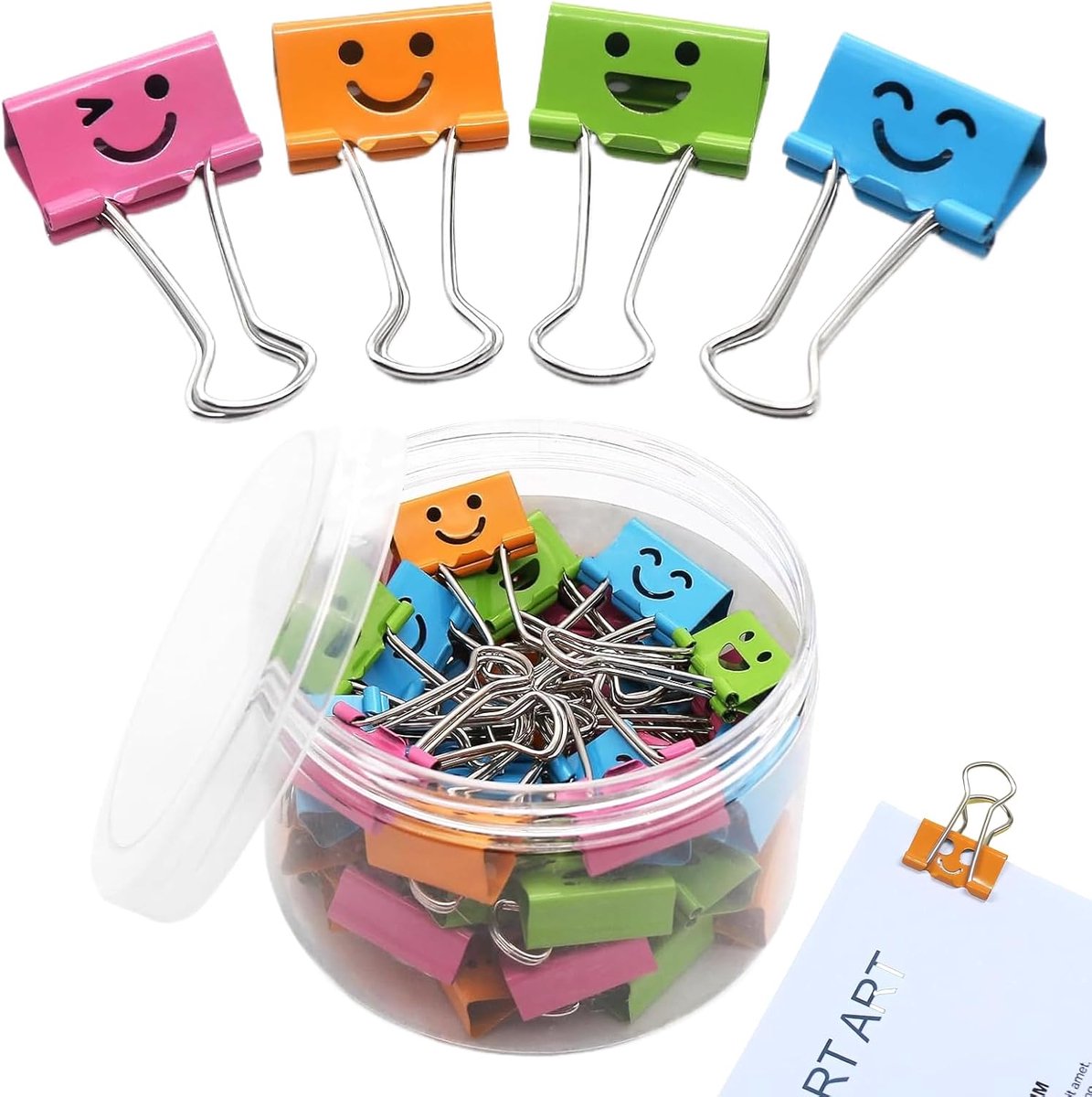 SnelShoppen - 40 stuks metalen klemmen, foldback klemmen met schattig glimlachend gezicht, kleurrijke paperclips voor kantoor, vouwclips in verschille