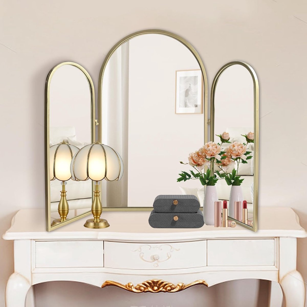 SnelShoppen - 3 x 3 Vouwmake-up spiegels, 30 x 37 Inch, Verstelbare Wandspiegels voor Badkamer en Slaapkamer, Gouden Boog Spiegels, Decoratie, 360 Gra