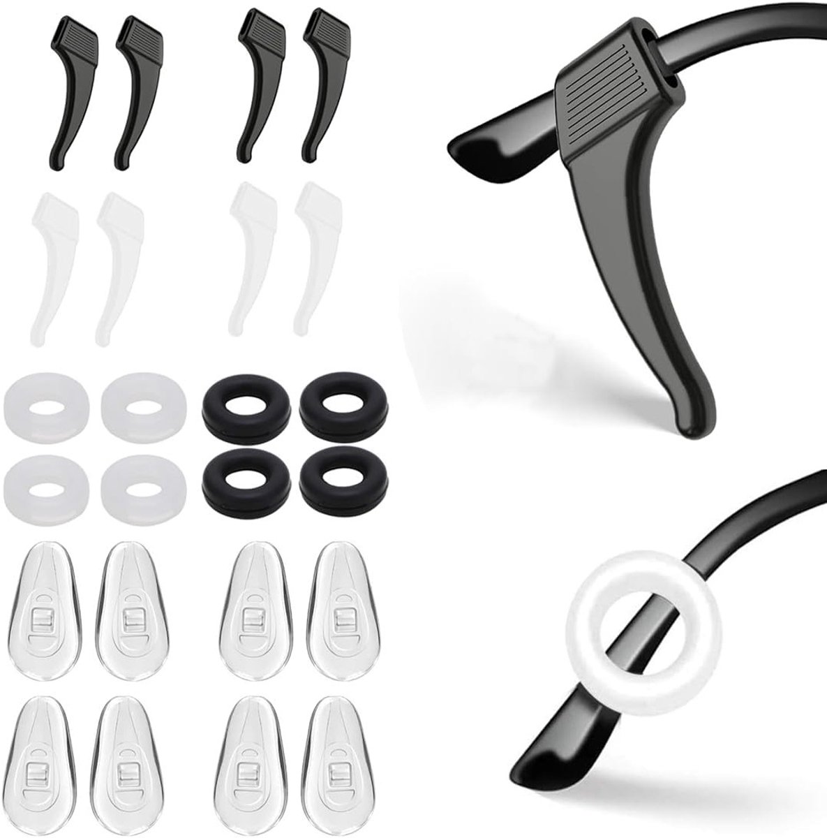 Comfortabele Neuspads voor Brillen, Antislip Oorbellen en Oogbescherming voor Sportbrillen, Zonnebrillen en Leesbrillen in Zwart en Wit - 12 Paar
