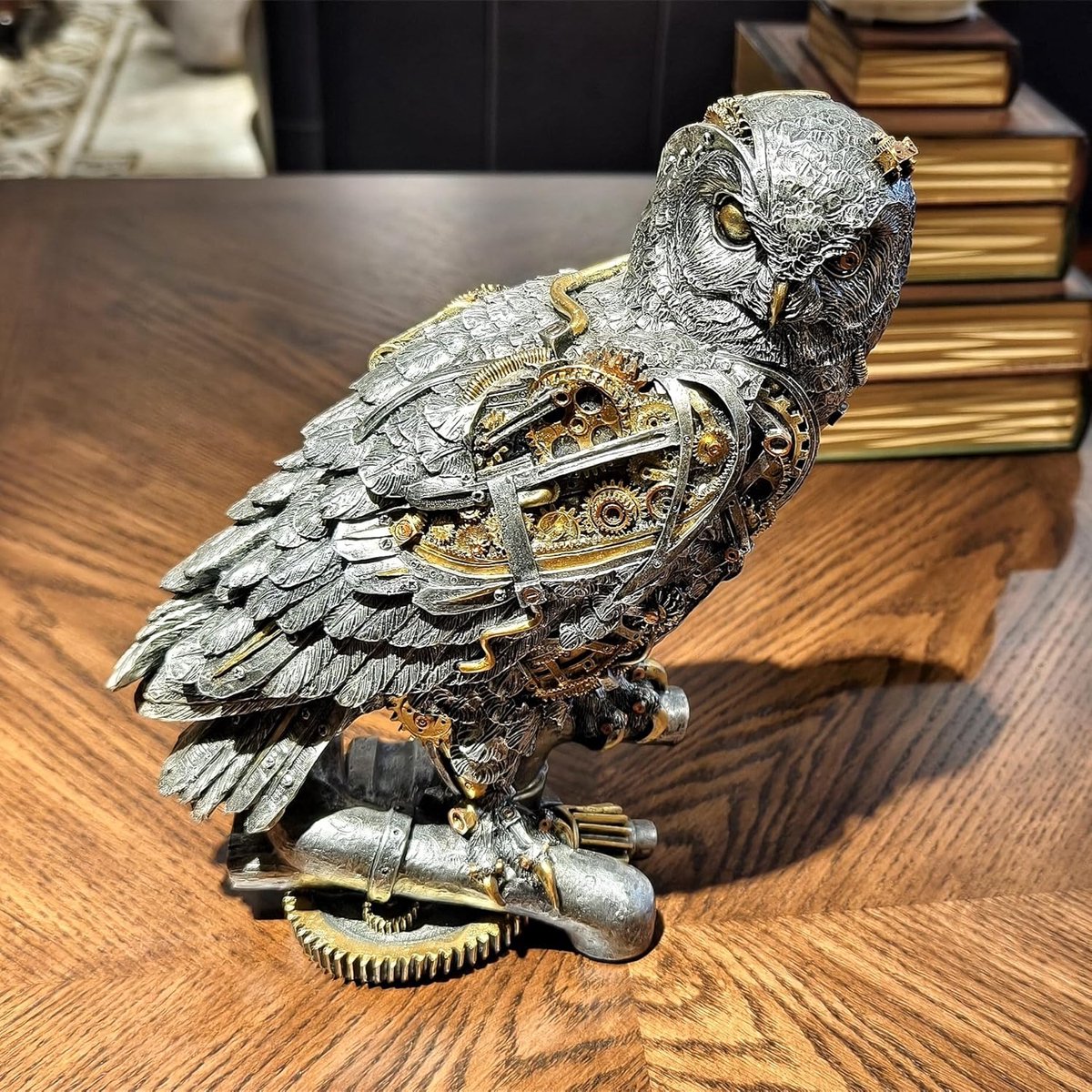 SnelShoppen - Steampunk Uil Beeld - 38cm Hoog - Metallic Zilver Gouden Gothic Collectie Dierfiguur - Wijsheid Cadeau - Uil Sculptuur - Huis & Kantoor