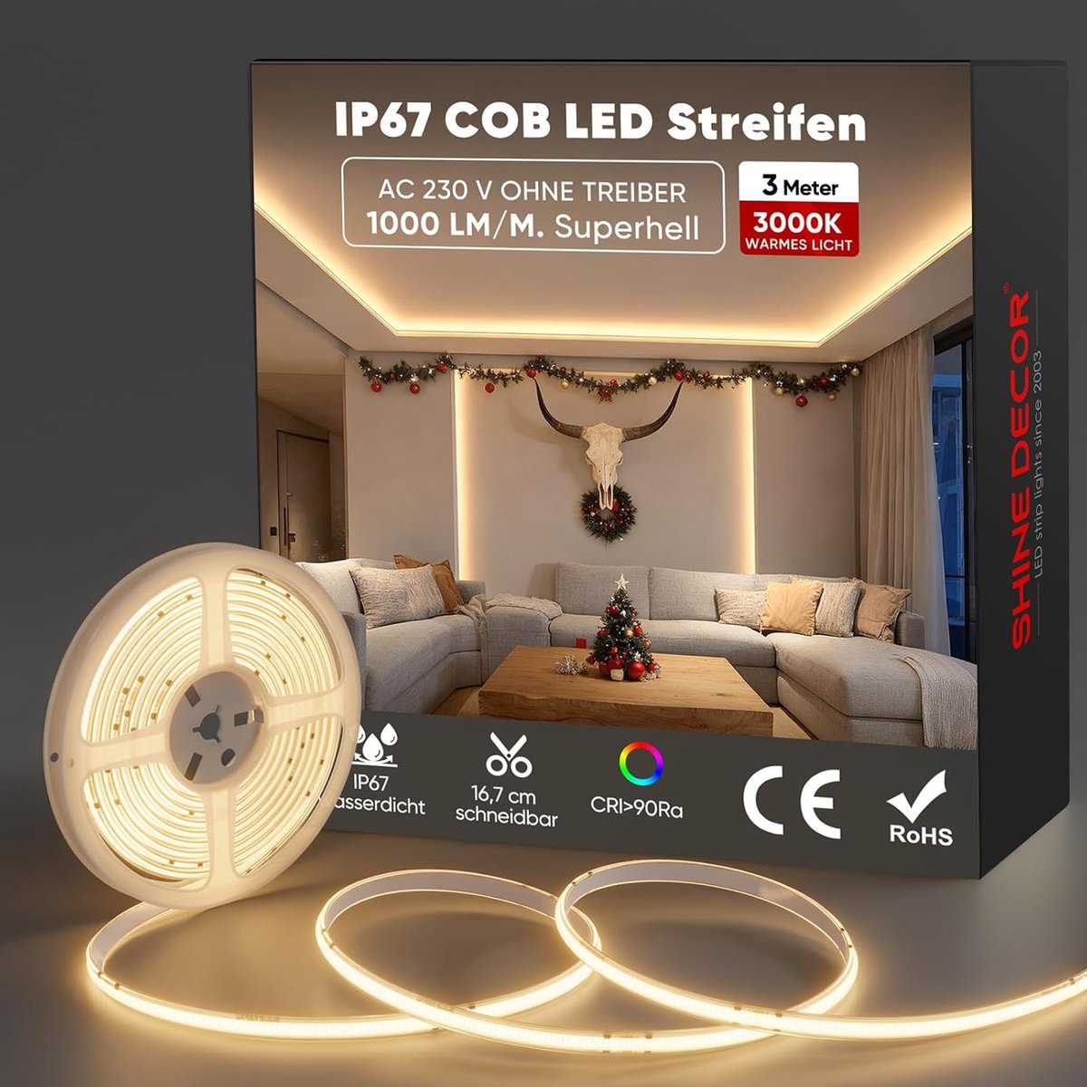 SnelShoppen - Shine Decor COB LED Strip 3m Waterproof 3000K Warm Wit Neon Verlichting voor Tuin, Keuken, Binnen en Buiten, Flexibele Striplicht met 43