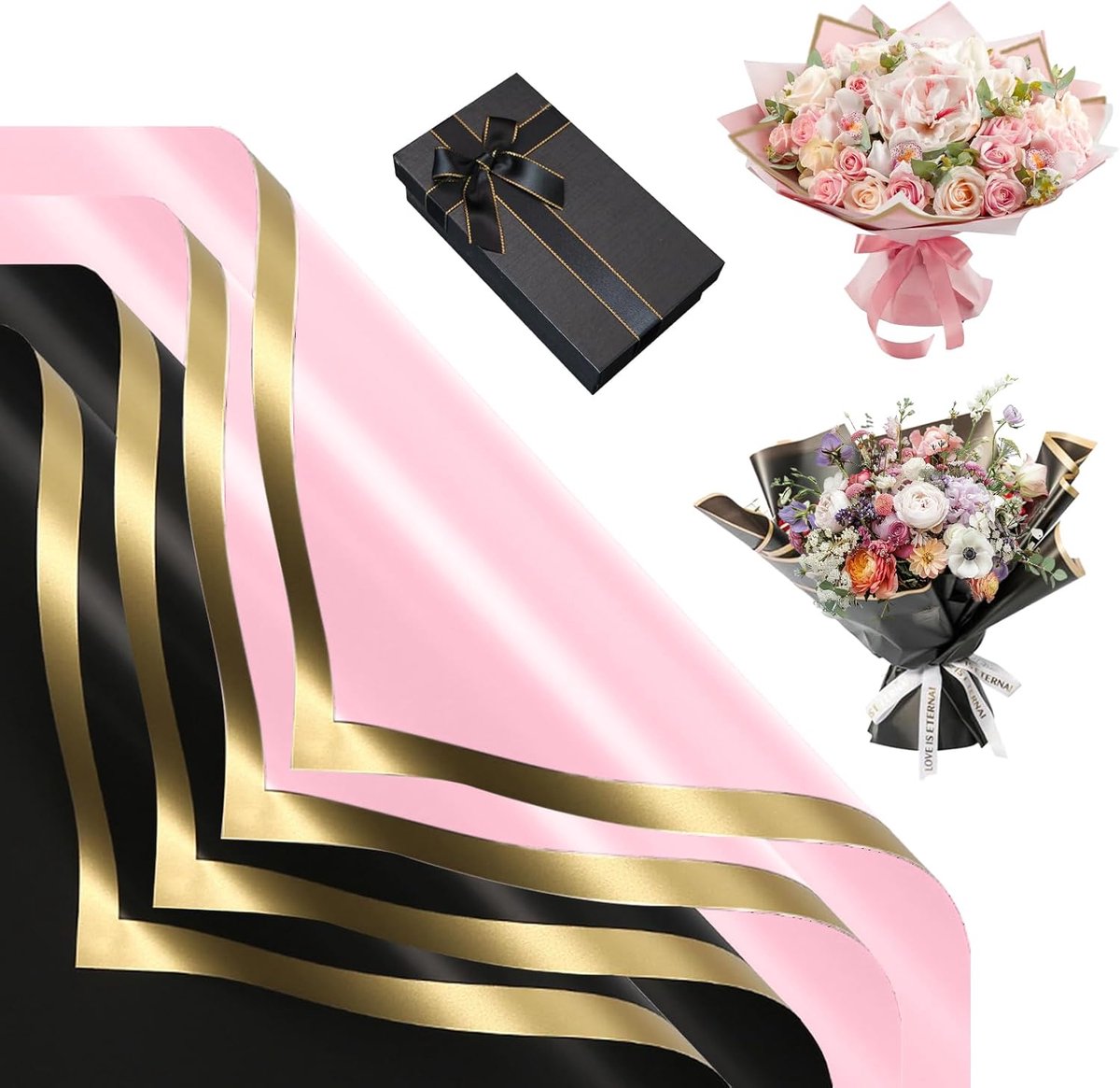 SnelShoppen - 20 Vellen Waterproof Bloemenpapier, Gift Wrap met Gouden Rand, 58x58 cm, 2 Kleuren, Perfect voor Boeketten en Feestelijke Gelegenheden