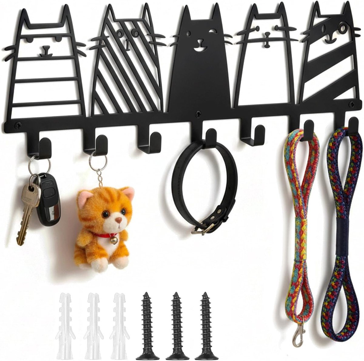 SnelShoppen - Sleutelrek met 7 Haken, Zwarte Sleutelhaken van Metaal, Sleutelhouder voor Wand, Kattenmotief, Duurzaam en Roestbestendig, Ideaal voor K