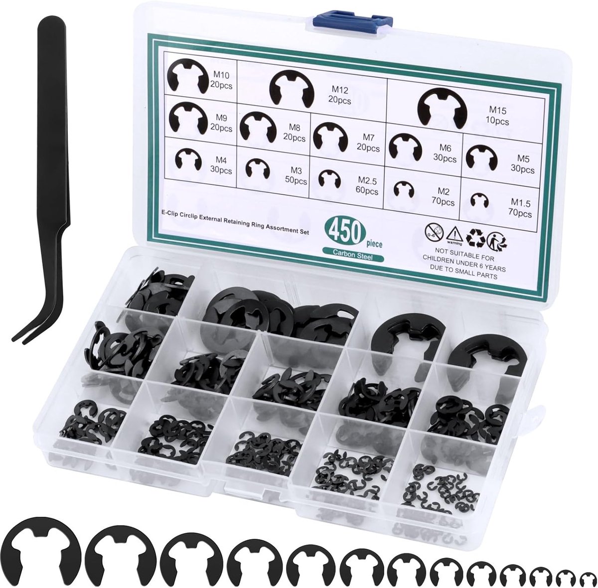SnelShoppen - 450pcs E-Clips Circlips Set, Externe Retaining Ringen, Snap Kit, Hoogwaardig Zwart Legeringsstaal, 13 Maten, Duurzaam en Corrosiebestend