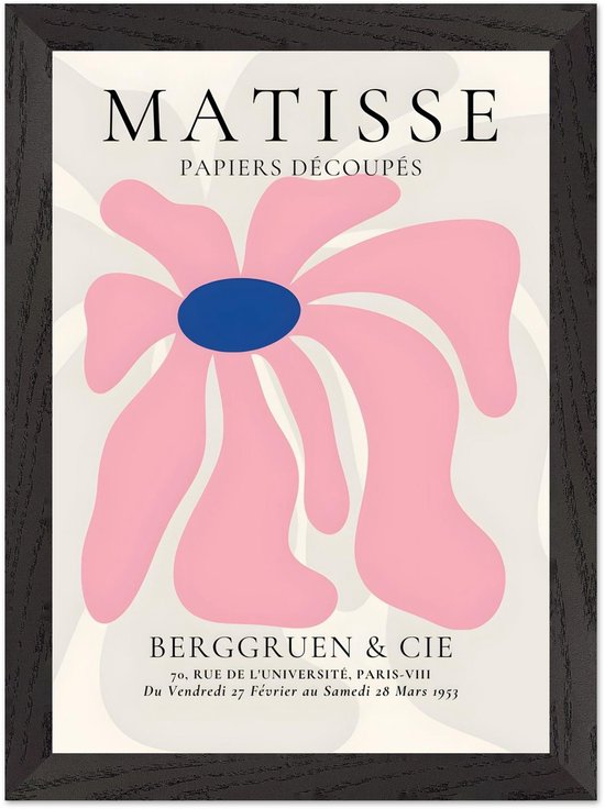 Matisse poster in een zwarte houten lijst met roze bloemillustratie en tekst 'Papiers Découpés'.