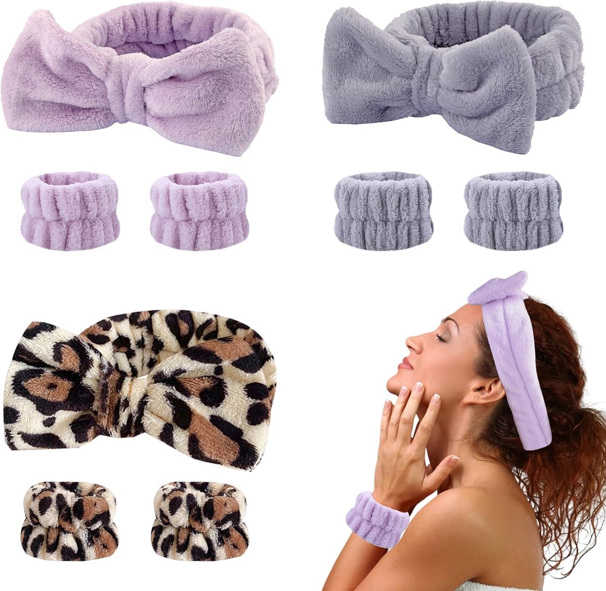 SnelShoppen - Diadema Cosmética Set van 9 Stuks met Diadema Spa en Muñequeras voor Vrouwen - 3 Kleurige Desmaquillantes en Wasbanden voor Huidadvies e