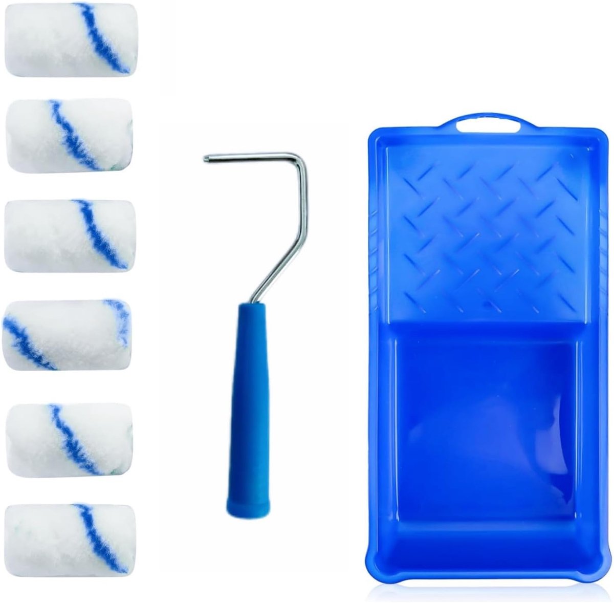 SnelShoppen - Mini Verfroller Set - 6x Blauw-Witte Verfrollers, 1 Verfroller Frame en 1 Verftray - Perfect voor Muurverven en Plafonds - Ideaal voor D
