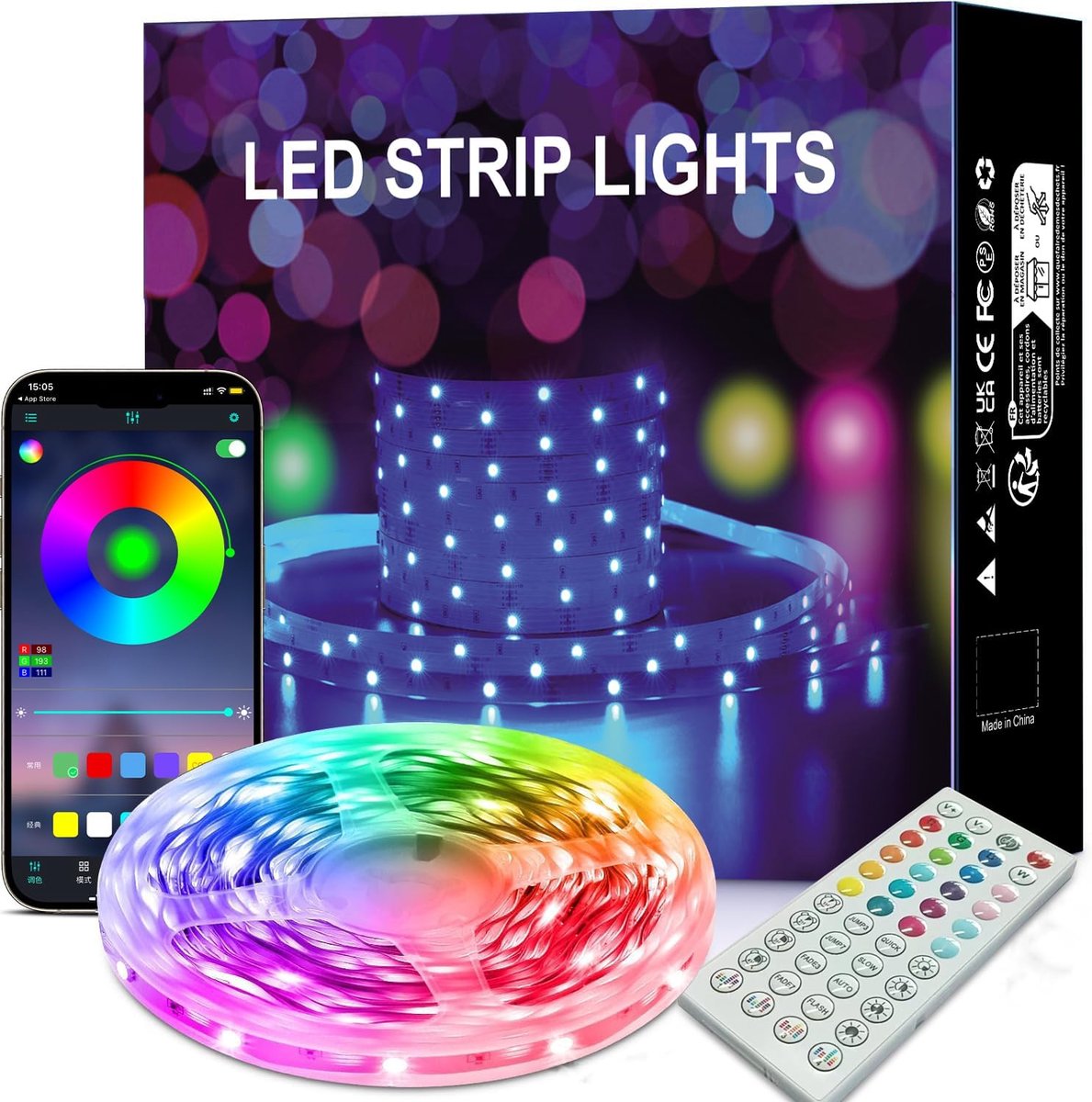 SnelShoppen - LED Strip 15M Bluetooth Smart LED Band met Afstandsbediening en App, Zelfklevend, Muziek Sync, Timer, Knipbare LED Lichtketting voor Fee
