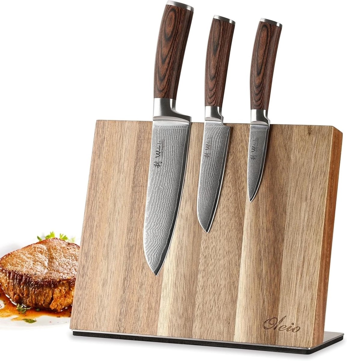 SnelShoppen - Professioneel 3-delig Damast Kookmes Set met Houten Doos en Magnetisch Snijplank, VG-10, Santoku, Keukenmes, Ideaal voor Koken en Bereid