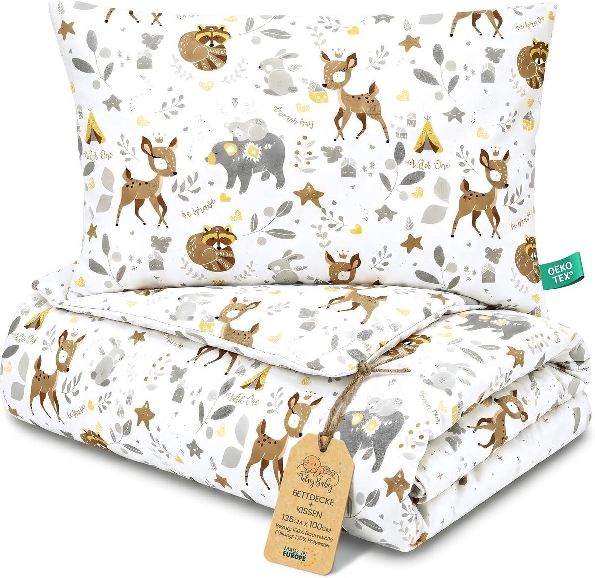SnelShoppen - Kinderddekbed zonder dekbedovertrek 100x135 cm - Katoenen babydeken en kussen set voor kinderbed - Oeko-Tex Hert - Ademend en Lichtgewic